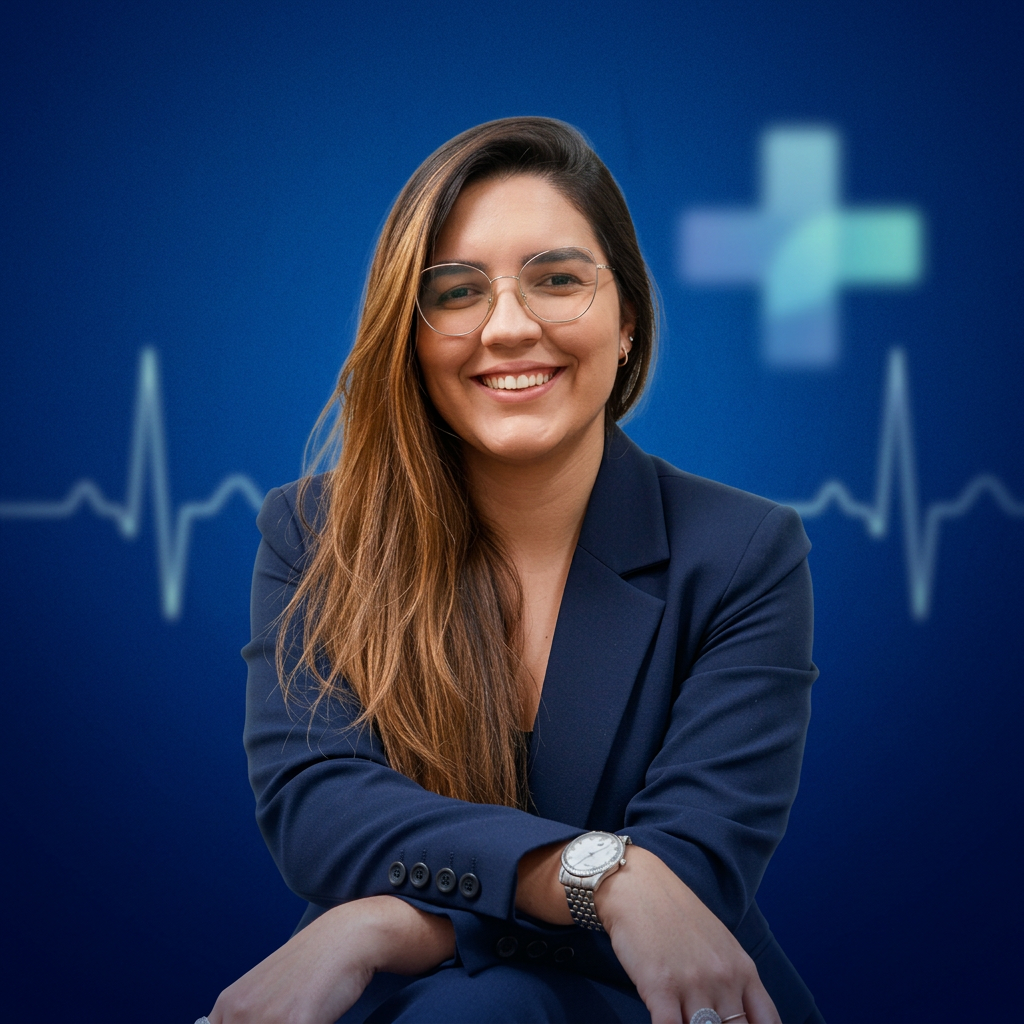 Carolaine Marinho, corretora de planos de saúde, sorrindo em retrato profissional